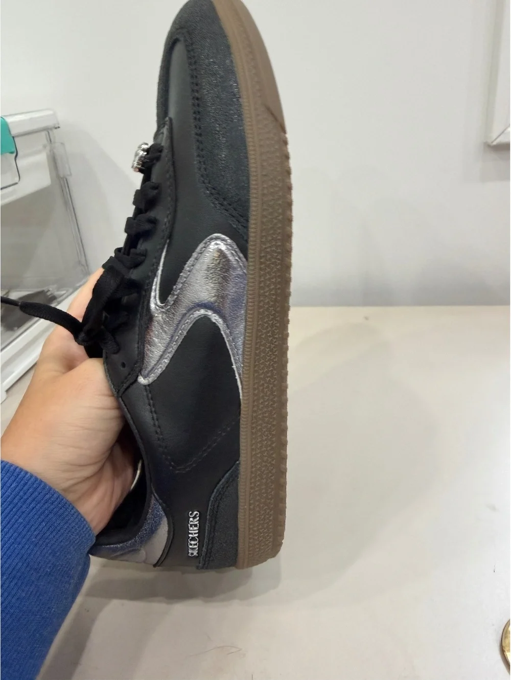 Skechers Hotshots Classics Black Silver Memory Foam Sneakers Size 8.5 Slip In